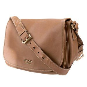 PRADA Vitello Daino Crossbody Bag Brown Tan Leather Handbag Authentic
